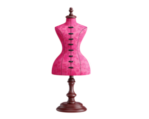 Pink dress form mannequin with floral pattern, wooden stand, and adjustable buttons, used for sewing, tailoring, and fashion design, isolated on transparency background