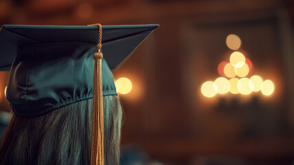 Graduation cap with tassel in dimly lit academic setting.