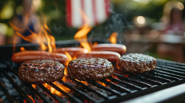 Grilling hamburgers and hotdogs on a barbecue with flames.