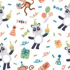Cute colorful party birthday animal pattern. Panda and monkey on white background. Hand-drawn vector illustration in flat style.