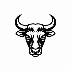 Naklejka premium Stylized black and white illustration of a fierce bull s head with sharp horns