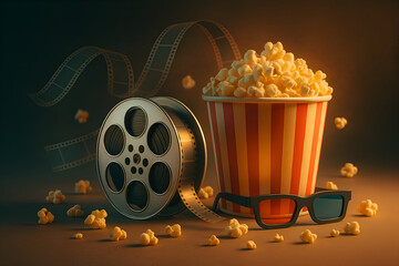 Cinema concept with popcorn and film reel, Movie night essentials setup, Popcorn bucket with 3D glasses and film, Entertainment background with movie theme, 3D glasses and popcorn for movie time.




