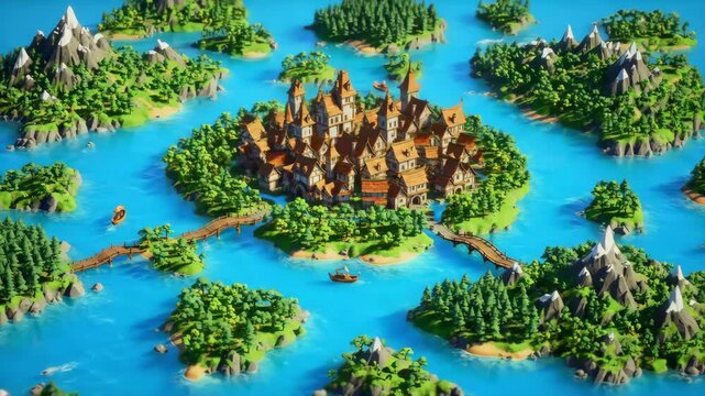 3D Map Miniature Medieval Fantasy Castle on Island Surrounded by Blue Water with Wooden Bridges and Lush Green Forest Landscape