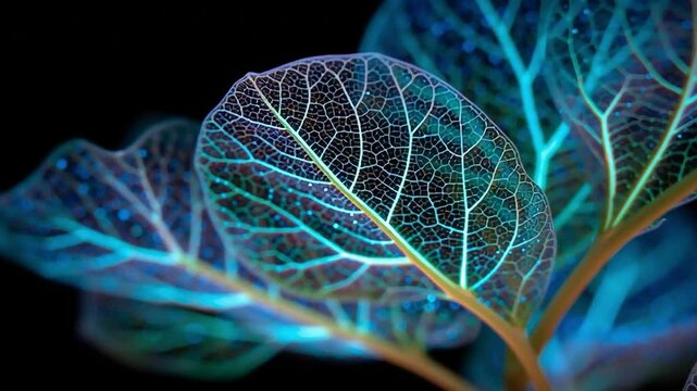 Macro shot captures ethereal blue leaf skeleton revealing intricate vein details and plant structure against a stark black backdrop.