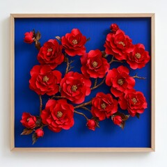 Red flowers arranged on a deep blue background.