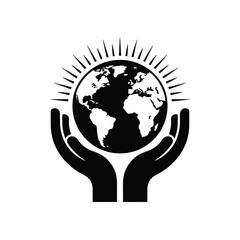 Hands holding planet earth with radiating lines symbolizing hope and care