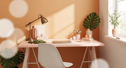 Desk with Lamp, Plants, Stationery on Peach Colored Wall