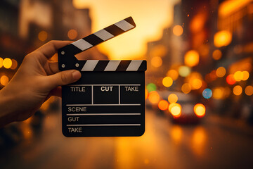 Film shoot city scene, Movie clapperboard in hand, 
Urban filmmaking concept, Cinema production in city, City lights with clapperboard. 



