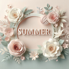 Summer card. 3D 'SUMMER' text, surrounded by paper-cut roses, tulips, and leaves in blush pink, cream, and mint green. Minimal, softly gradient background. Delicate, artistic composition.