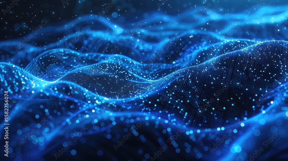 Poster abstract picture micro light sparkling particle represent data flow. vivid flowing wave with high te