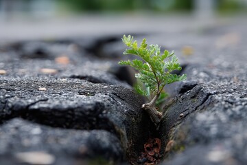 Fototapeta premium Small plant emerges from crack in asphalt indicating resilience in urban environment