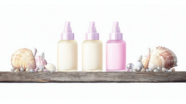A trio of matching summer lotions lined up on a rustic wooden shelf, decorated with small shells and pearls, conveying a tranquil seaside theme
