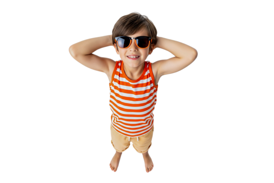 young boy with sunglasses on white