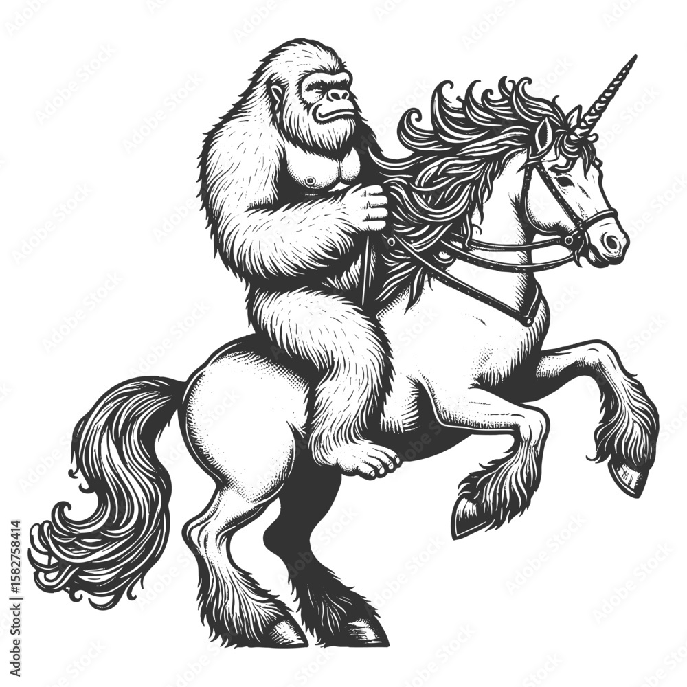 Poster yeti riding a majestic unicorn sketch engraving generative ai fictional character vector illustratio