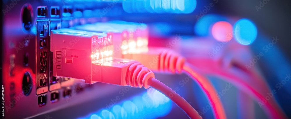 Poster this close-up image showcases illuminated network cables connected to modern equipment, highlighting