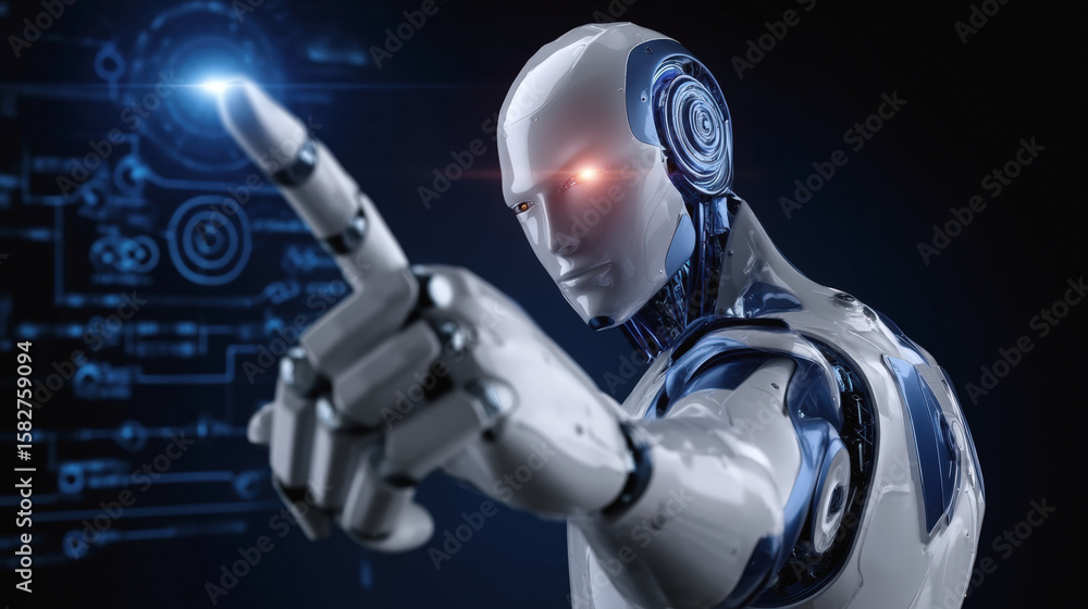 Poster ai decision maker, futuristic humanoid robot with sleek design points forward, showcasing advanced t
