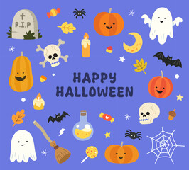 set of halloween doodle vector illustration, cute cartoon

