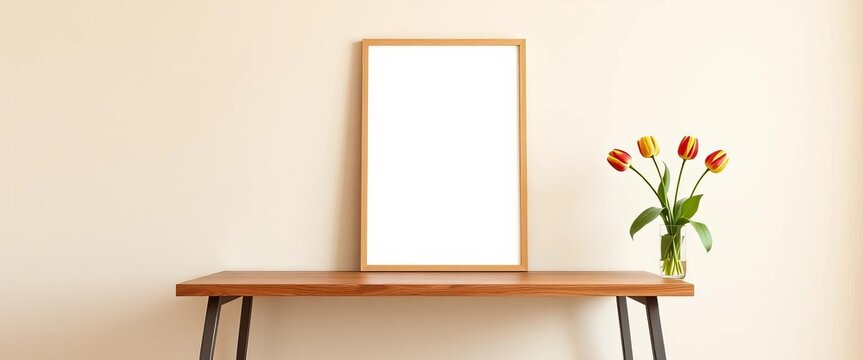 Beige wall, minimalist wooden desk, blank poster frame, tulip vase, apartment, interior