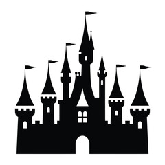 Fototapeta premium Silhouette of a fairytale castle with multiple towers and flags against a white background