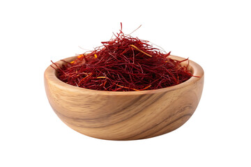 Fototapeta premium Saffron threads in wooden bowl, premium spice on transparent background