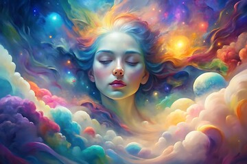 Ethereal Woman Immersed in Cosmic Colors of the Nebulous Universe

