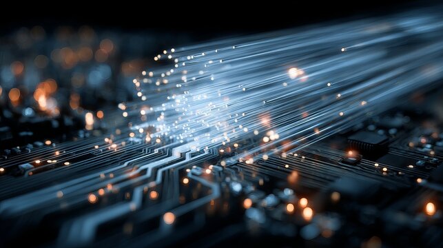 Glowing fiber optic cables transmitting data over electronic circuit board