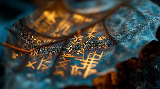 Glowing runes adorn a delicate leaf creating a magical, fantasy ambiance and a natural, ethereal background