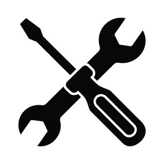 Black silhouette of a crossed wrench and screwdriver on a white background