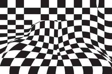 Fototapeta premium Warped checkered pattern, distorted black and white squares background, abstract optical illusion, surreal grid design, modern visual texture