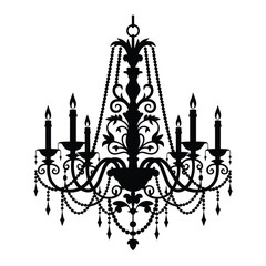 Elegant black silhouette of a vintage chandelier with seven candle lights and crystal drops