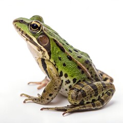 Naklejka premium A close-up of a green frog with black spots. The frog is sitting on a white background, showcasing its smooth skin and large eyes.