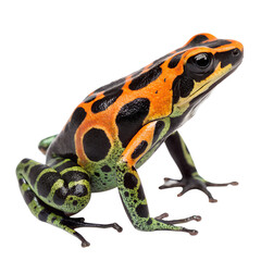 Obraz premium A vibrant poison dart frog with orange and black markings sits on a dark background. Its green legs are patterned with black stripes, showcasing its striking colors.