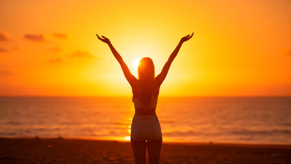 Yoga on morning beach - Silhouette of woman celebrating at sunset on the beach