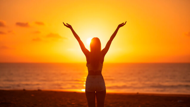 Yoga on morning beach - Silhouette of woman celebrating at sunset on the beach   - Powered by Adobe