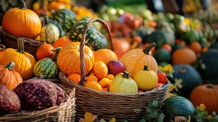 A vibrant autumn scene showcasing a variety of pumpkins and gourds in a rustic basket, embodying the essence of harvest season with rich colors and textures.
