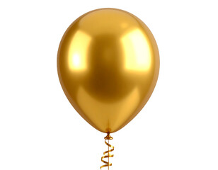 Single Curved Gold Balloon with Ribbon Tail, 3D Render, Side Angle Isolated PNG