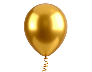 Single Curved Gold Balloon with Ribbon Tail, 3D Render, Side Angle Isolated PNG