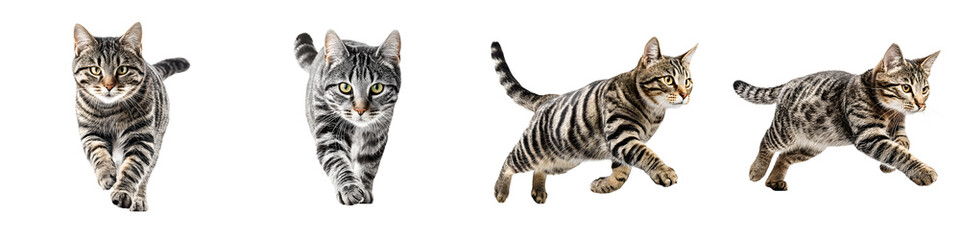 Tabby Cat Running Poses: Action Shots on White Background