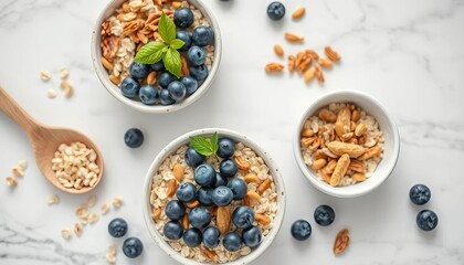 Blueberries, nuts, and oats in bowls on marble  A healthy breakfast flat lay,   fruit,   tasty