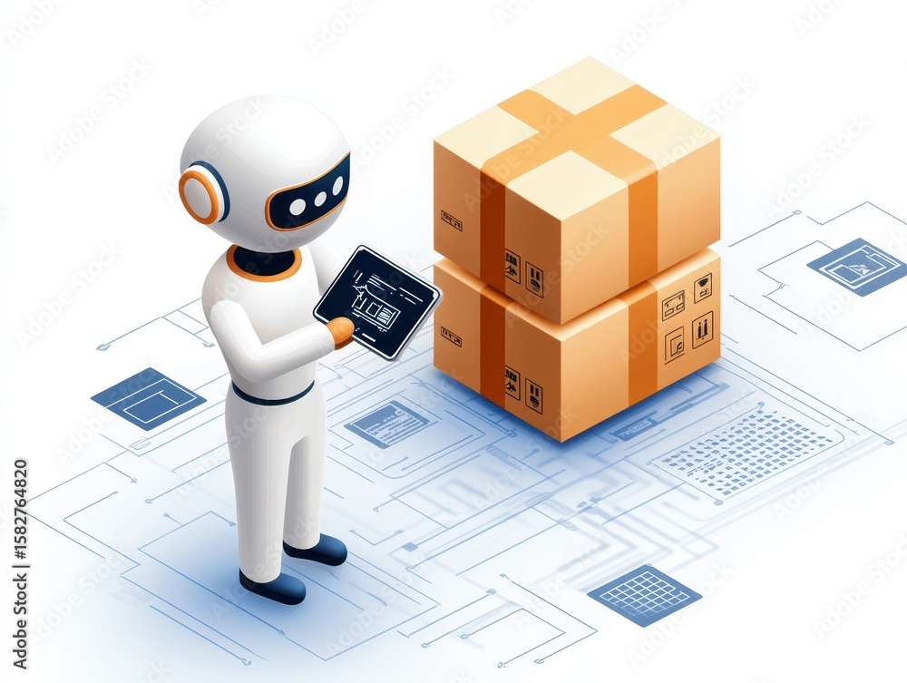Poster engineer warehouse shipping concept. robot analyzing packages with digital interface in a futuristic