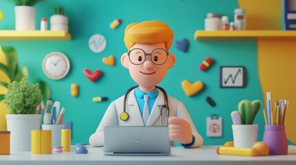 A cheerful cartoon doctor sits at a desk, using a laptop.