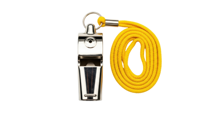 Isolated Metal Whistle with Yellow Lanyard
