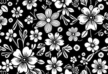 Black & white abstract doodle floral seamless pattern  Monochrome flower textile design, monochrome, print