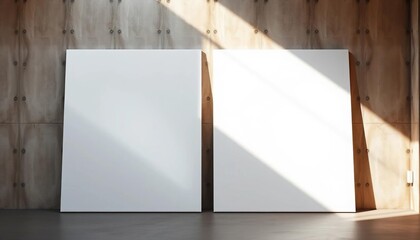 Blank white canvases lean against a sunlit concrete wall,  grey,  room