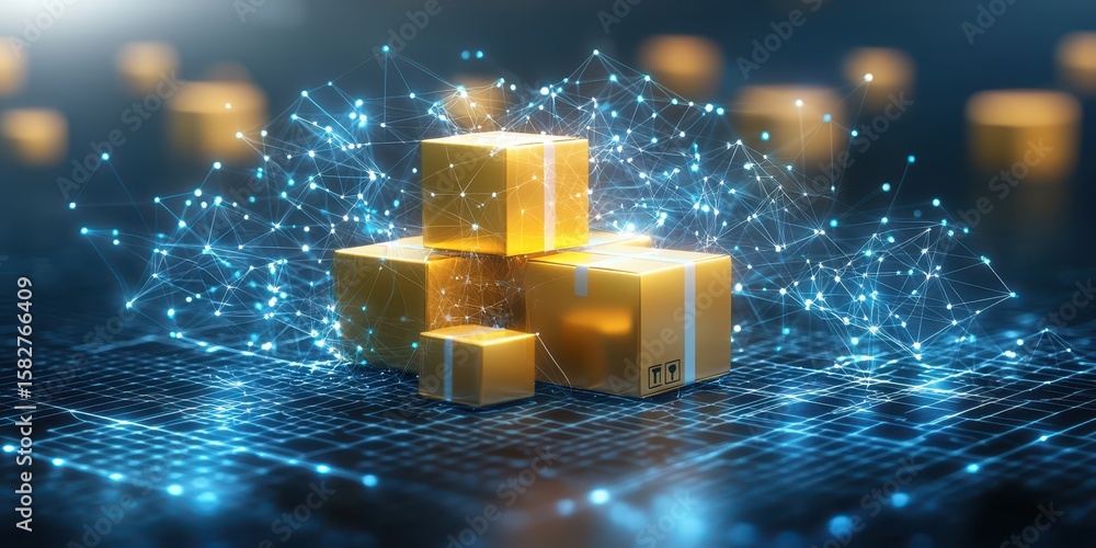 Poster engineer warehouse shipping concept. digital representation of delivery boxes connected by a network