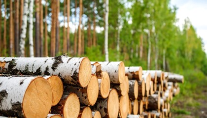 Stacked birch logs in a forest