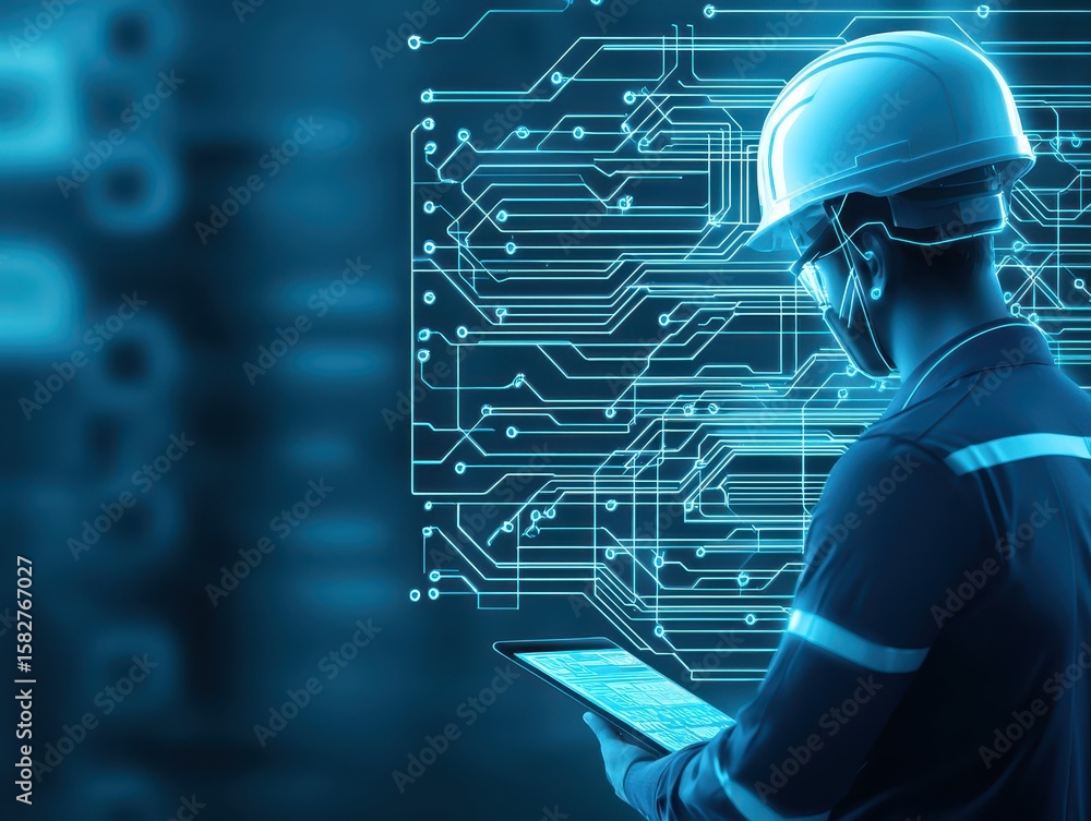Poster engineer warehouse shipping concept. a worker in a helmet analyzes data on a tablet with a circuit b