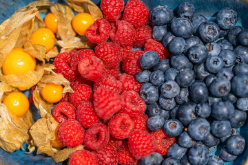 Colorful mix of fresh berries and physalis — vibrant superfoods rich in antioxidants for healthy...