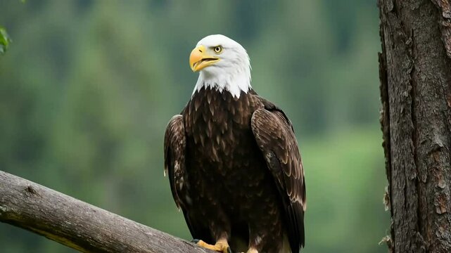 Majestic bald eagle perched on a branch, showcasing its beautiful plumage and fierce gaze amidst a natural, green forest setting in its habitat.