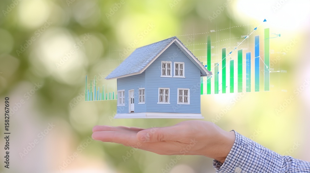 Poster a realistic 3d house icon hovering above a human hand with business graphs and charts in the backgro